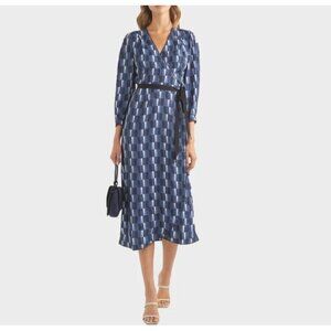 Cefinn Blue Black White Geometric True Wrap Midi Dress US Size 4 3/4 Sleeves